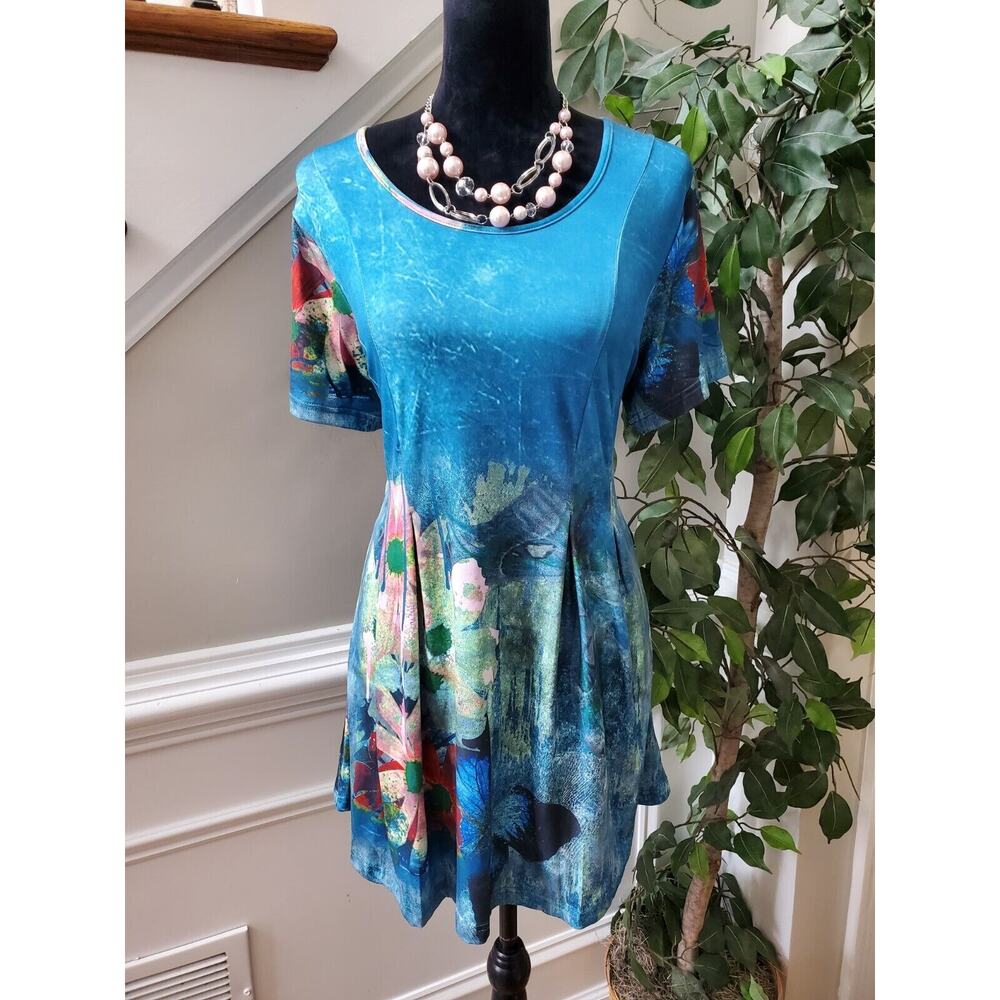 Simply Aster Women's Blue Floral Polyester Round Neck Short Sleeve Top Blouse XL